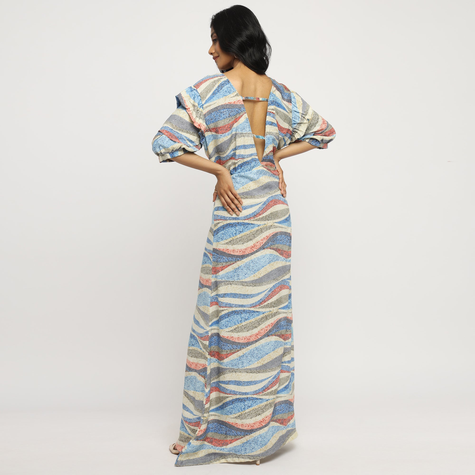 Coastal Waves Puff Sleeve Maxi Dress